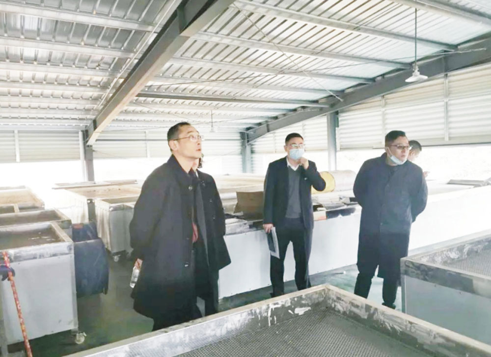(圖為∶譚軍一行在茶場車間察看工程進(jìn)度)
